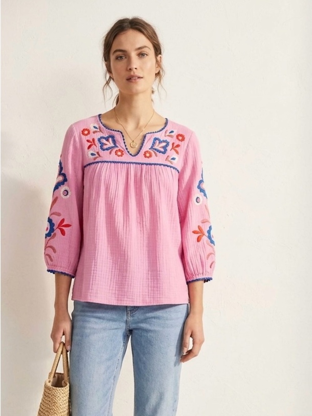 Boden Pink Embroidered Peasant Blouse with Blue & Red Accents
